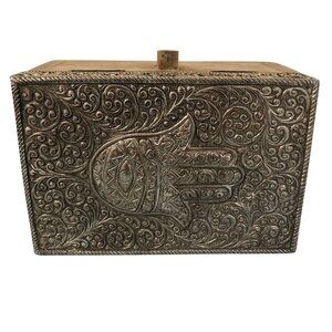 Wood And Metal Hamsa Decorative Box With Intricate Engraving